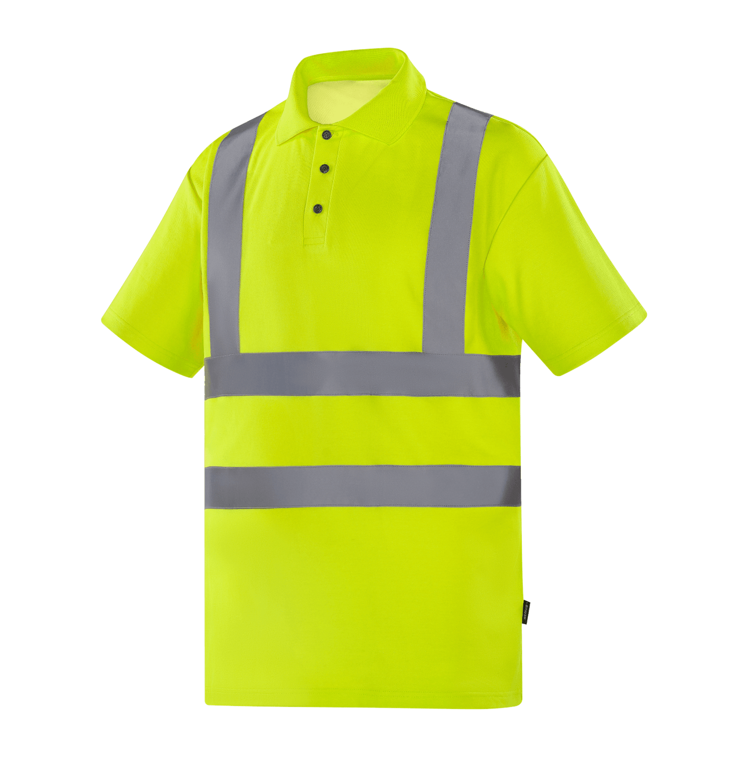 Hi-vis yellow WT202 BRISTOL short sleeve polo, 180gsm polyester-covered pique cotton, internal cotton layer, sewn reflective tapes, EN 20471 Class 2