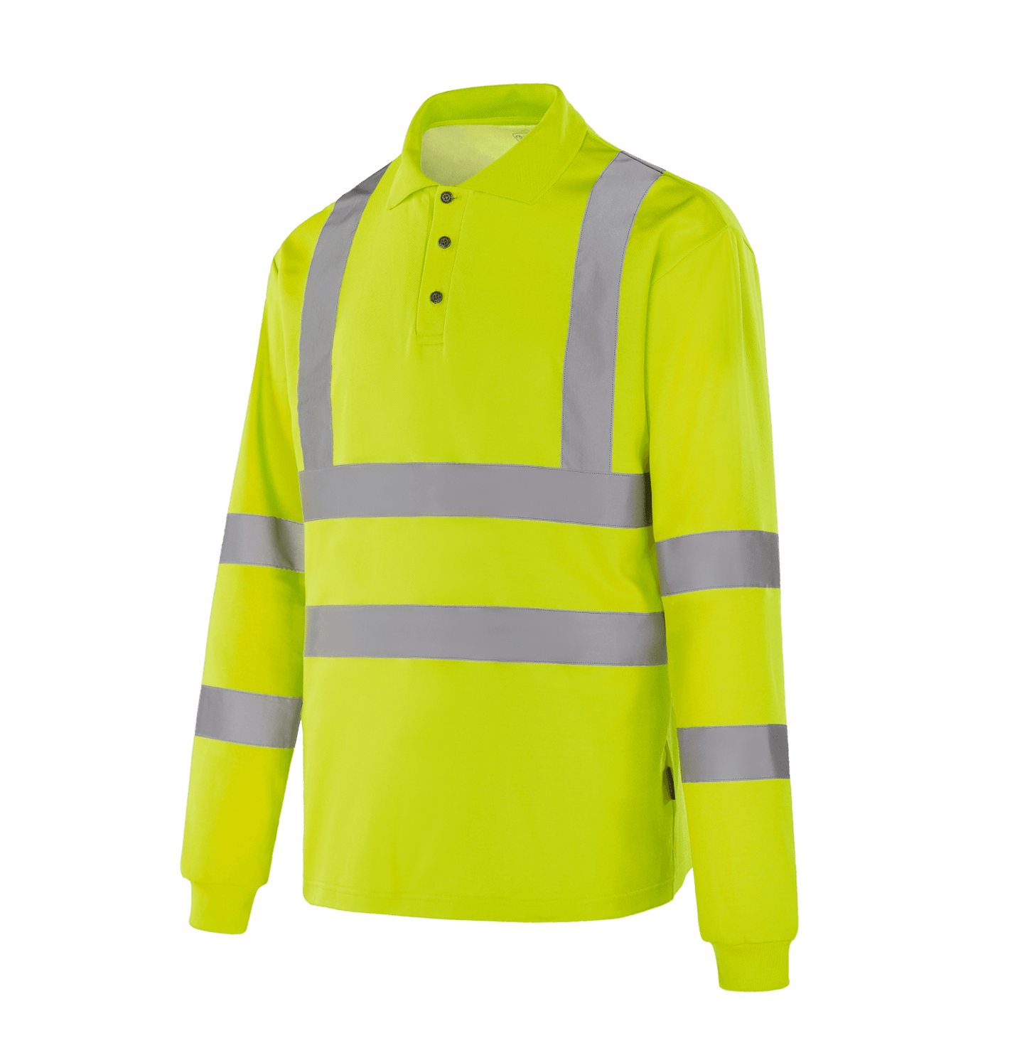 Hi-vis yellow WT302 GENEVE long sleeve polo, polyester-covered pique cotton, sewn reflective tapes, EN 20471 Class 3