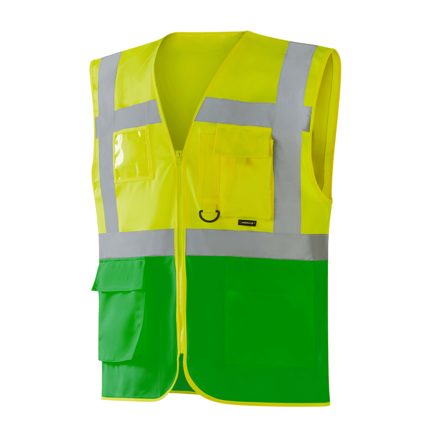 WV204 MALLORCA hi-vis yellow-green vest with pockets, pen holder, D-ring, transparent ID pocket, large lower flap pockets