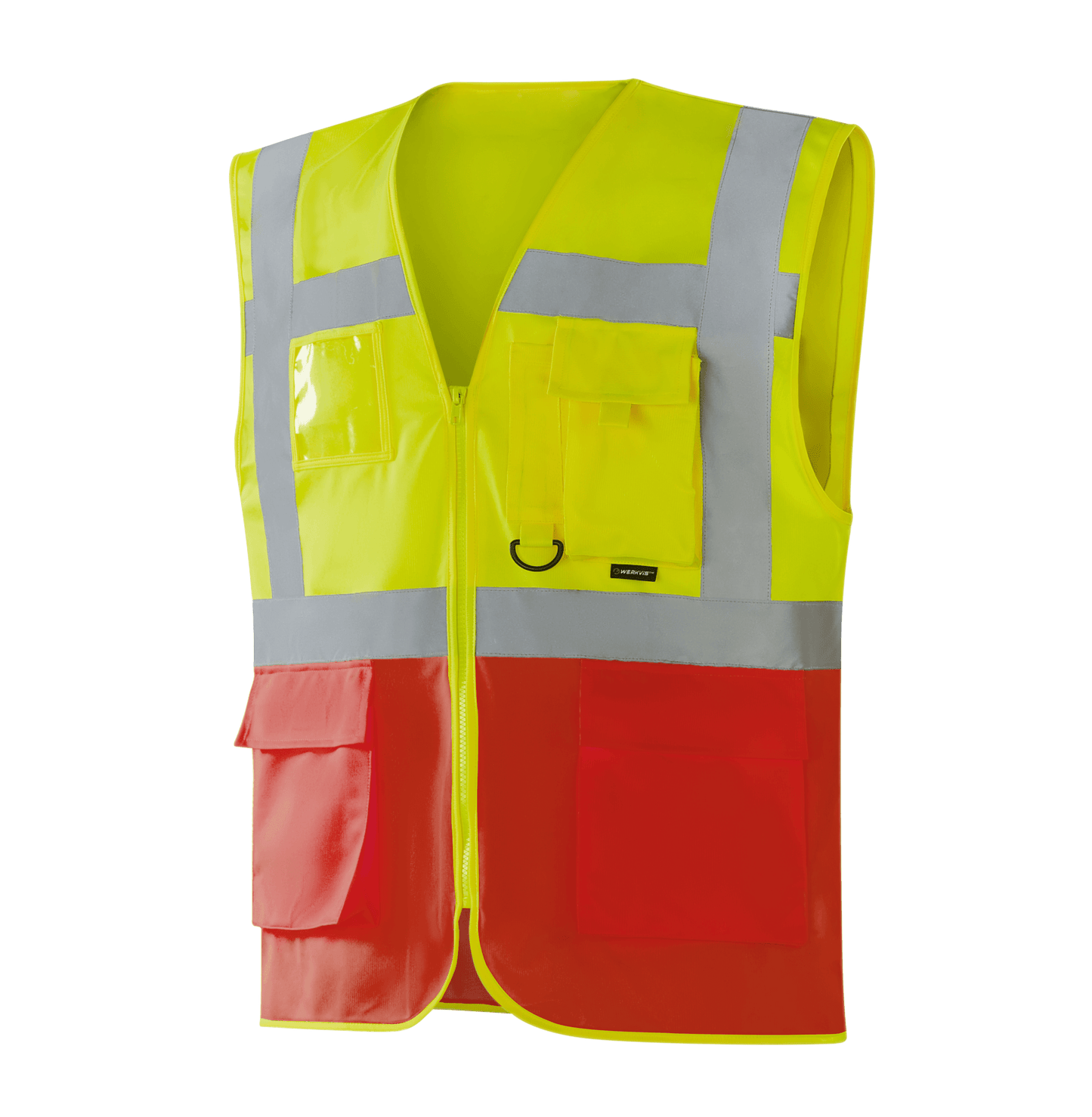 WV204 MALLORCA hi-vis yellow-red vest with pockets, pen holder, D-ring, transparent ID pocket, large lower flap pockets