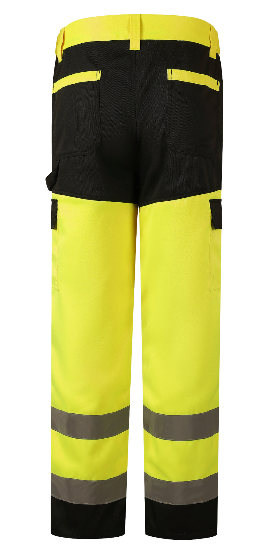 Highland WP104 hi-vis yellow and black safety pants, designed for comfort and functionality in demanding work environments.