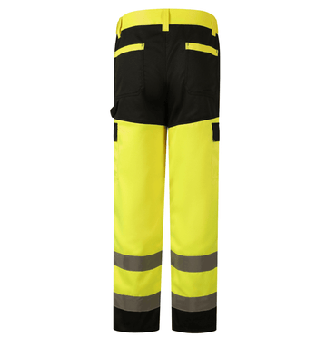 Highland WP104 hi-vis yellow and black safety pants, designed for comfort and functionality in demanding work environments.