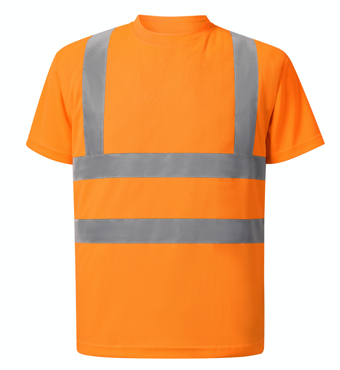 Bright orange safety t-shirt equipped with reflective stripes, designed for improved visibility and safety.