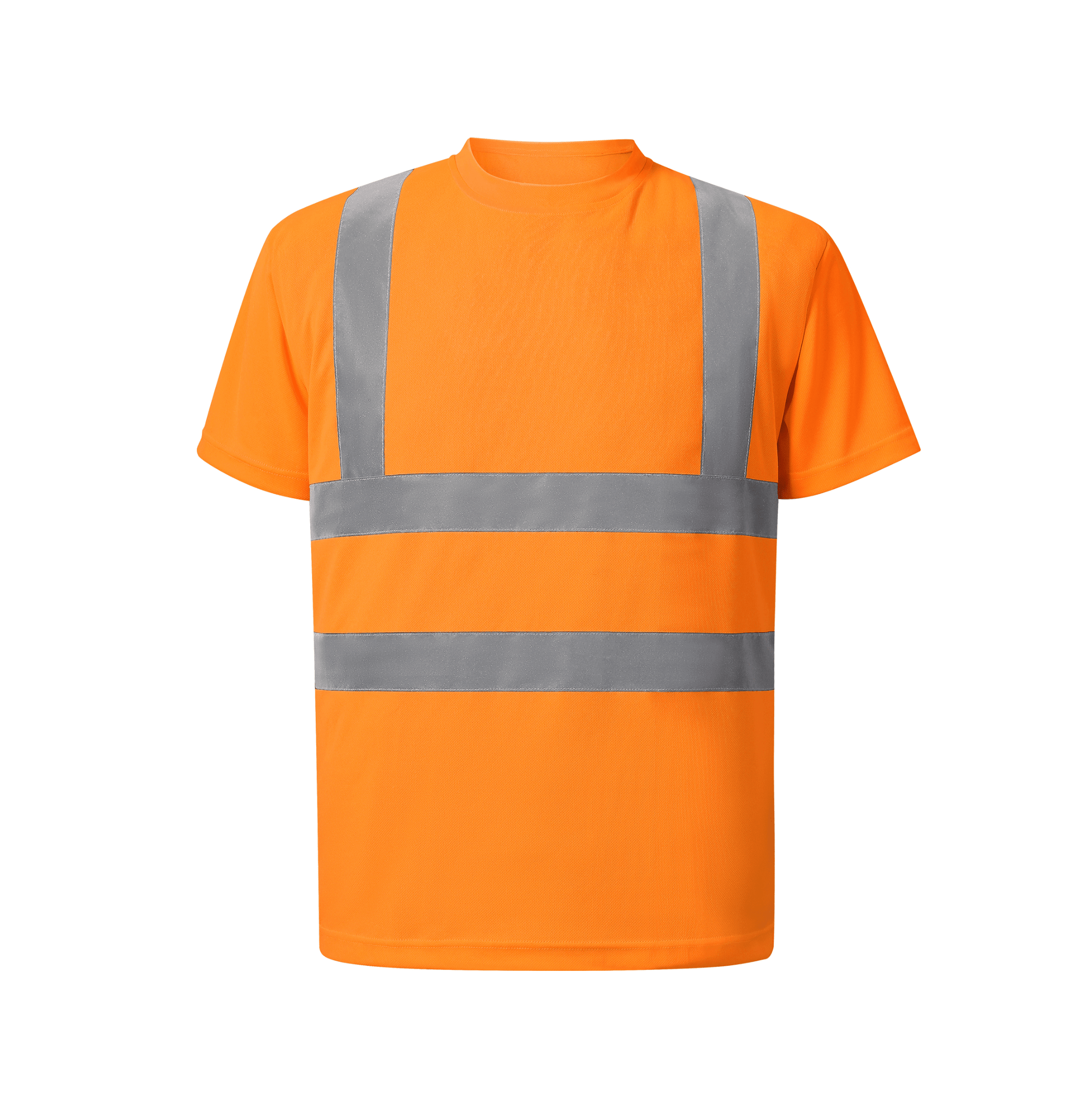 Bright orange safety t-shirt equipped with reflective stripes, designed for improved visibility and safety.