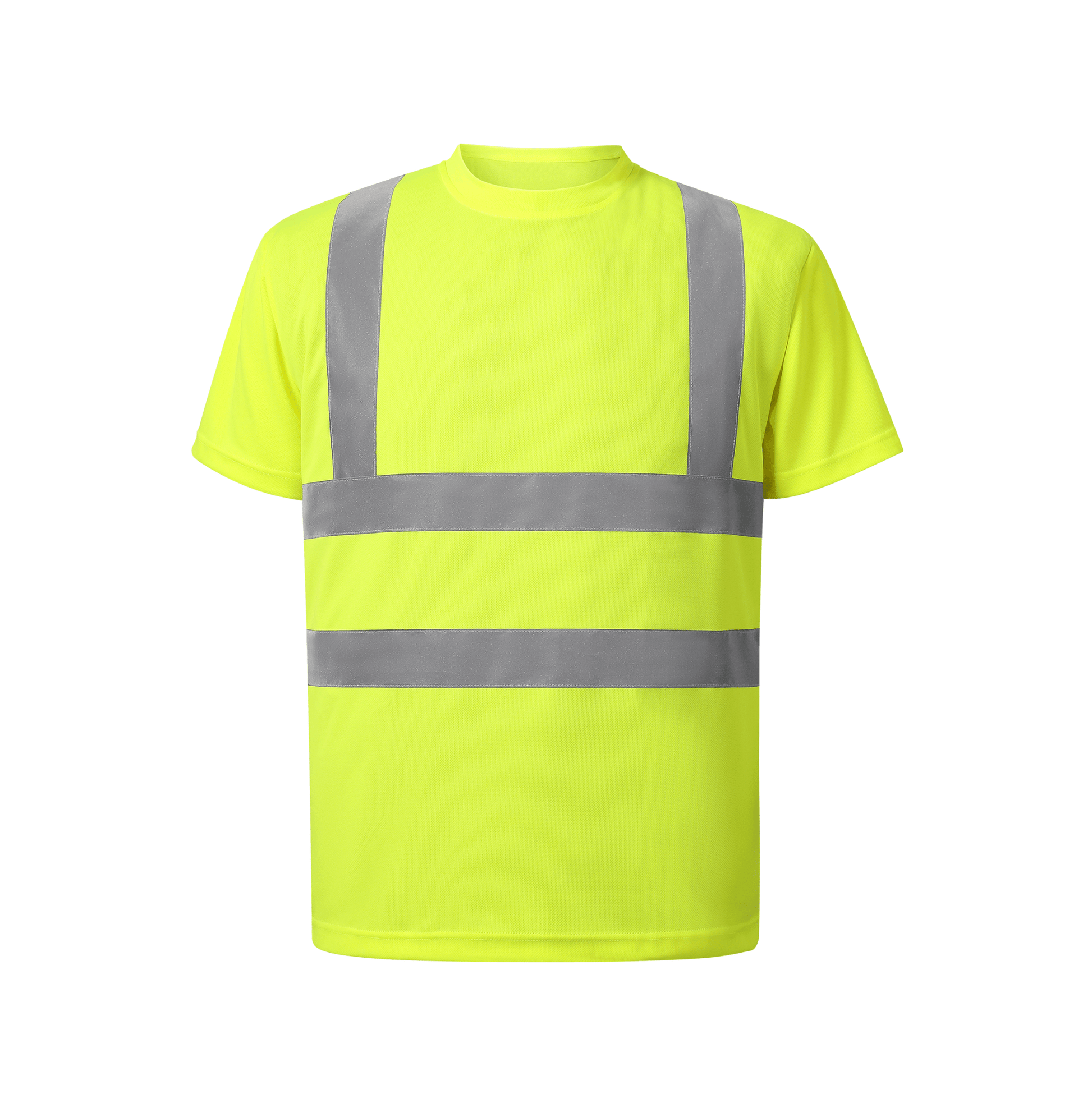 Bright yellow safety t-shirt equipped with reflective stripes, designed for improved visibility and safety.