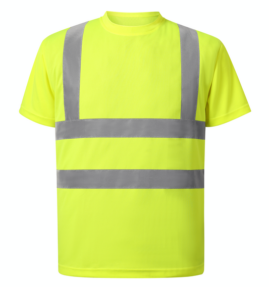 Bright yellow safety t-shirt equipped with reflective stripes, designed for improved visibility and safety.