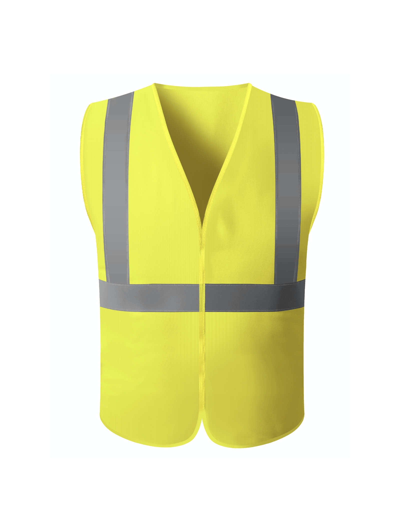 A yellow vest featuring reflective stripes, designed for visibility and safety in various environments.