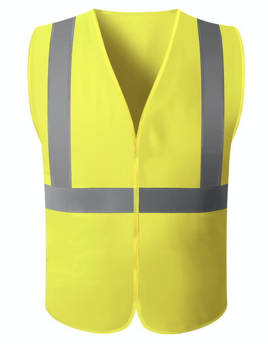 A yellow vest featuring reflective stripes, designed for visibility and safety in various environments.