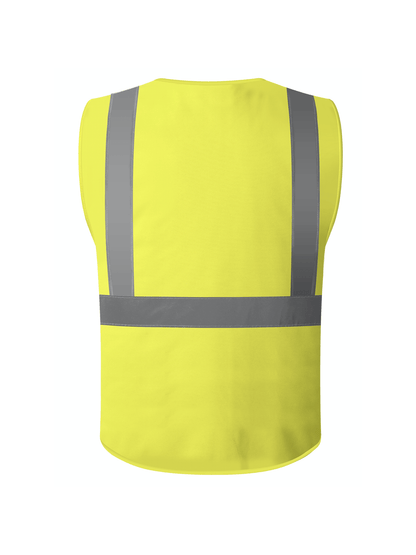 A yellow vest featuring reflective stripes, designed for visibility and safety in various environments.