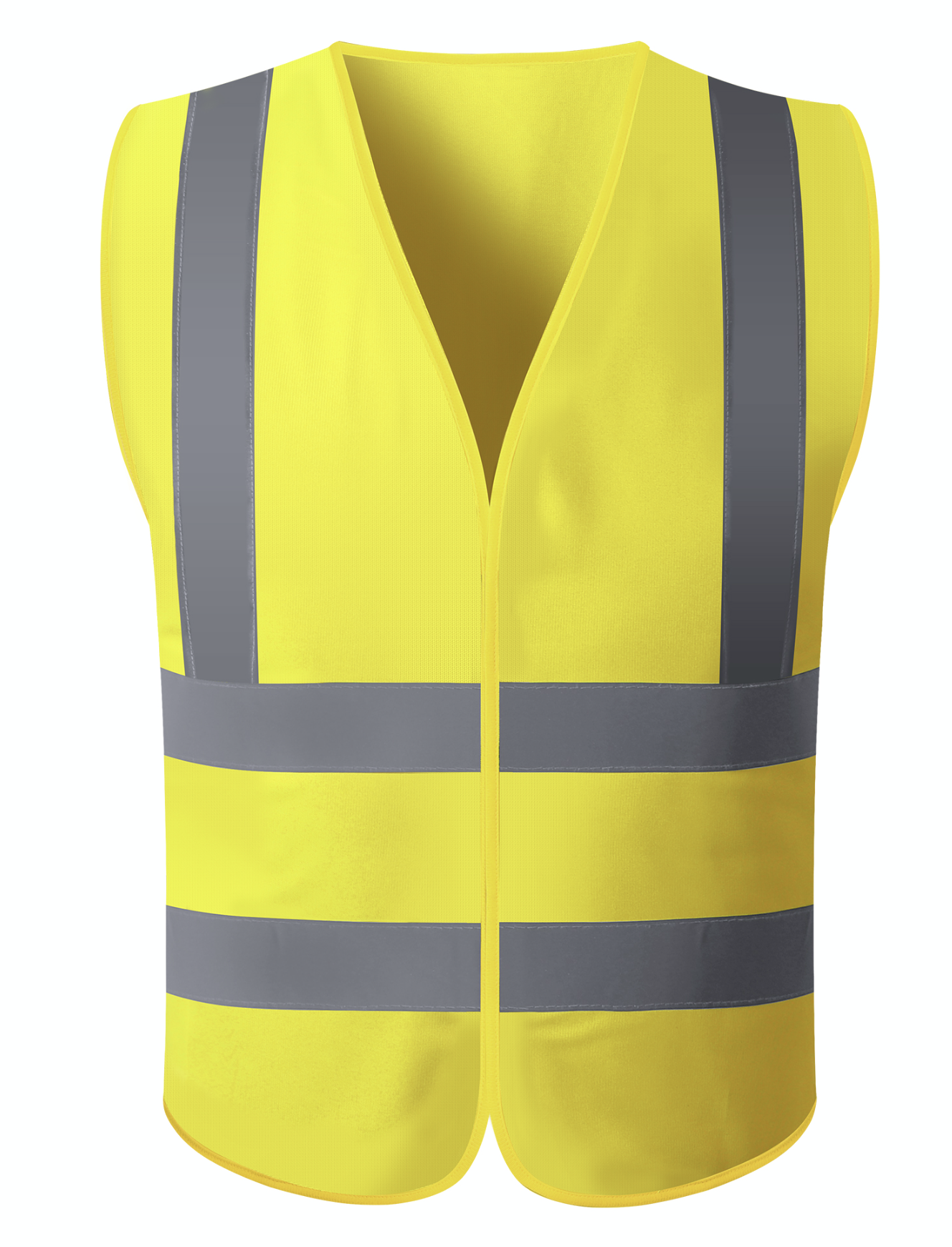 A bright yellow safety vest equipped with reflective stripes, enhancing visibility for safety in low-light conditions.