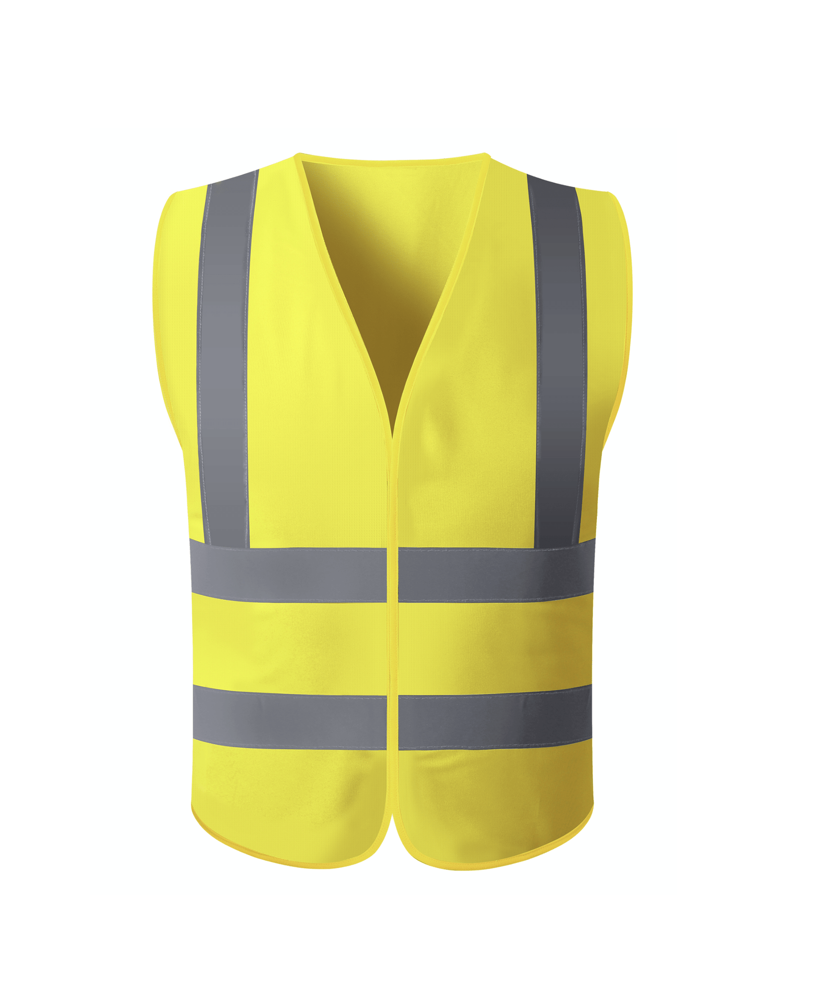 A bright yellow safety vest equipped with reflective stripes, enhancing visibility for safety in low-light conditions.