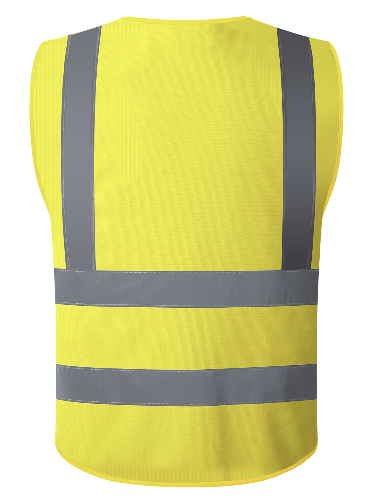 A bright yellow safety vest equipped with reflective stripes, enhancing visibility for safety in low-light conditions.