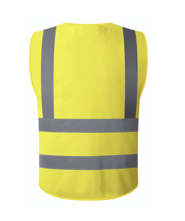 A bright yellow safety vest equipped with reflective stripes, enhancing visibility for safety in low-light conditions.