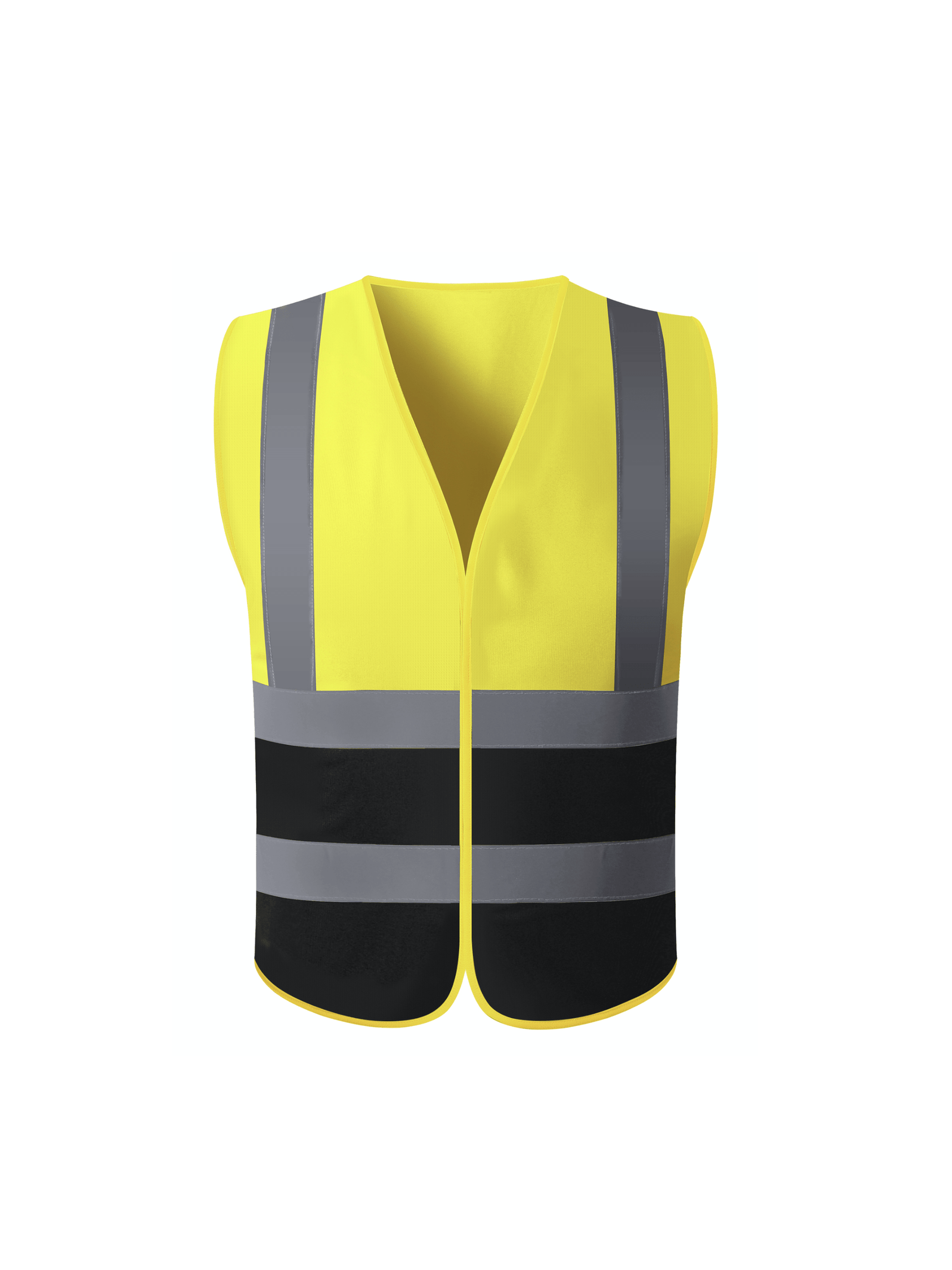 A bright yellow safety vest equipped with reflective stripes, enhancing visibility for safety in low-light conditions.