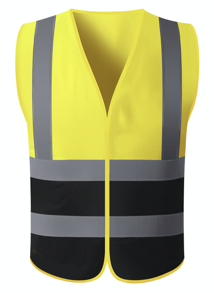 A bright yellow safety vest equipped with reflective stripes, enhancing visibility for safety in low-light conditions.