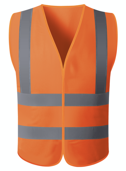 A bright red safety vest equipped with reflective stripes, enhancing visibility for safety in low-light conditions.