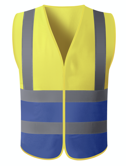 A bright yellow safety vest equipped with reflective stripes, enhancing visibility for safety in low-light conditions.