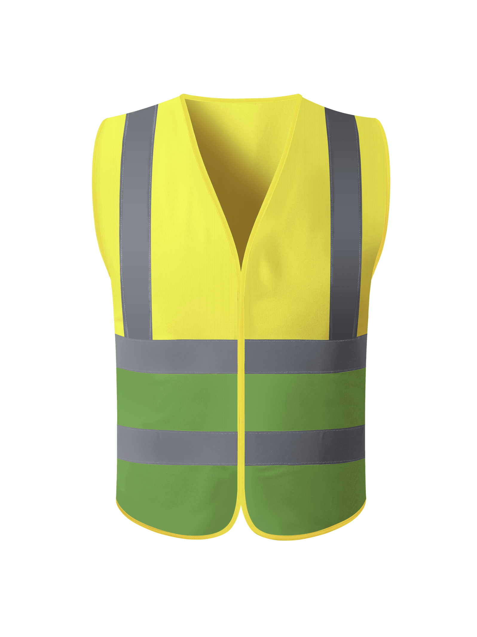 A bright yellow safety vest equipped with reflective stripes, enhancing visibility for safety in low-light conditions.