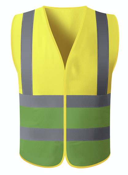 A bright yellow safety vest equipped with reflective stripes, enhancing visibility for safety in low-light conditions.