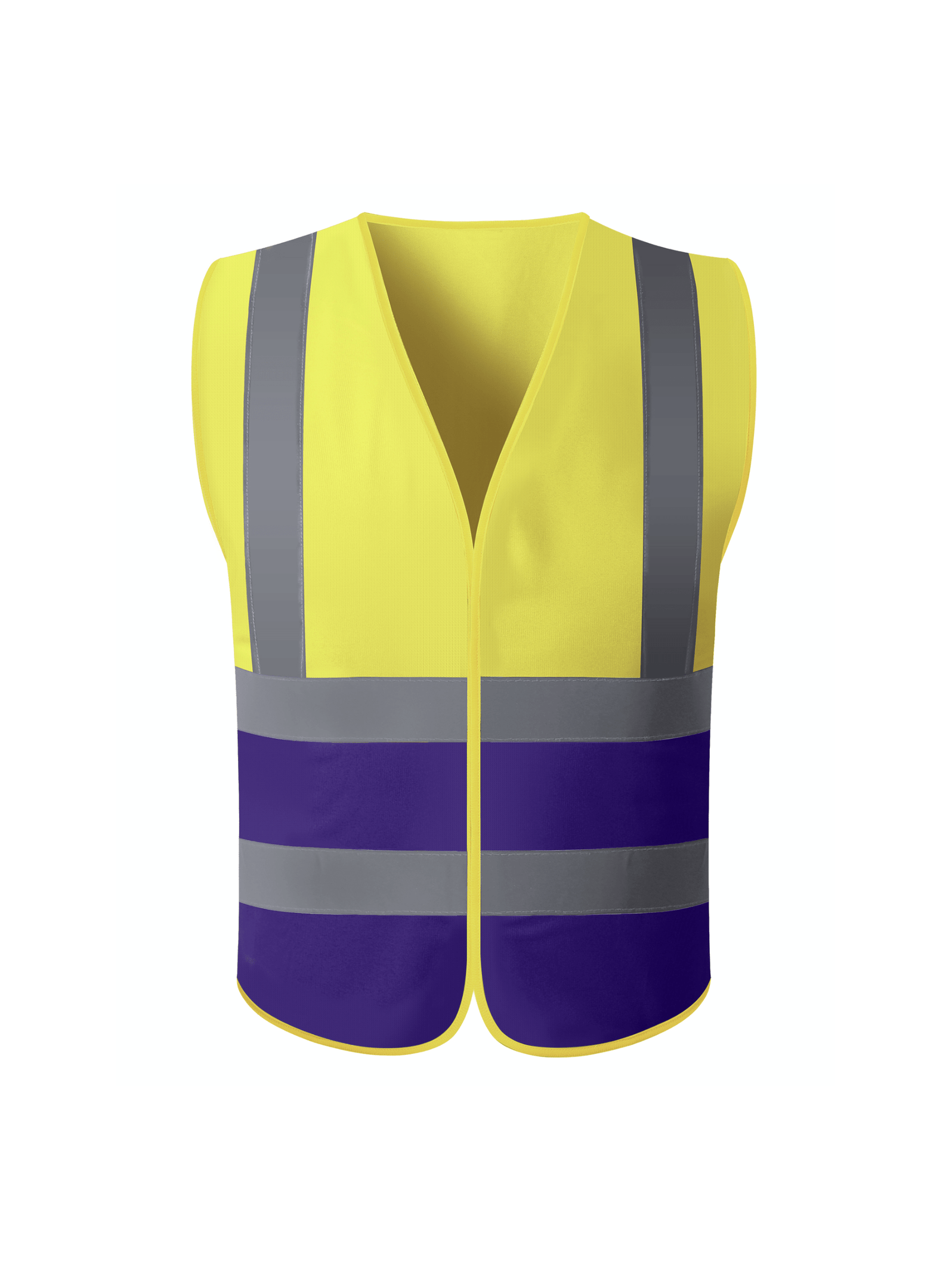 A bright yellow safety vest equipped with reflective stripes, enhancing visibility for safety in low-light conditions.