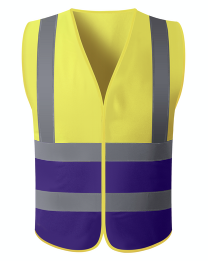 A bright yellow safety vest equipped with reflective stripes, enhancing visibility for safety in low-light conditions.