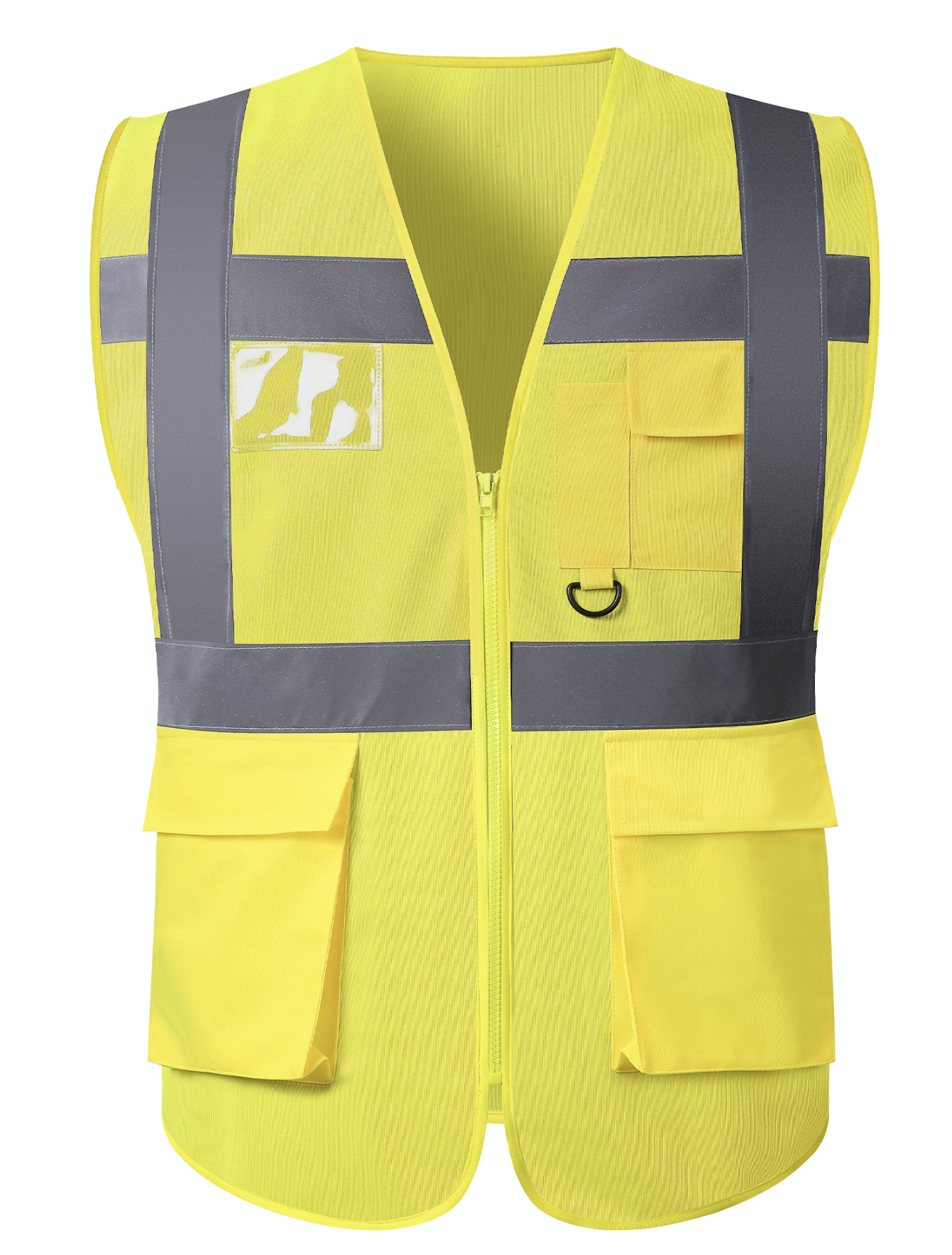 A yellow safety vest featuring reflective trim, designed for visibility and safety in various environments.