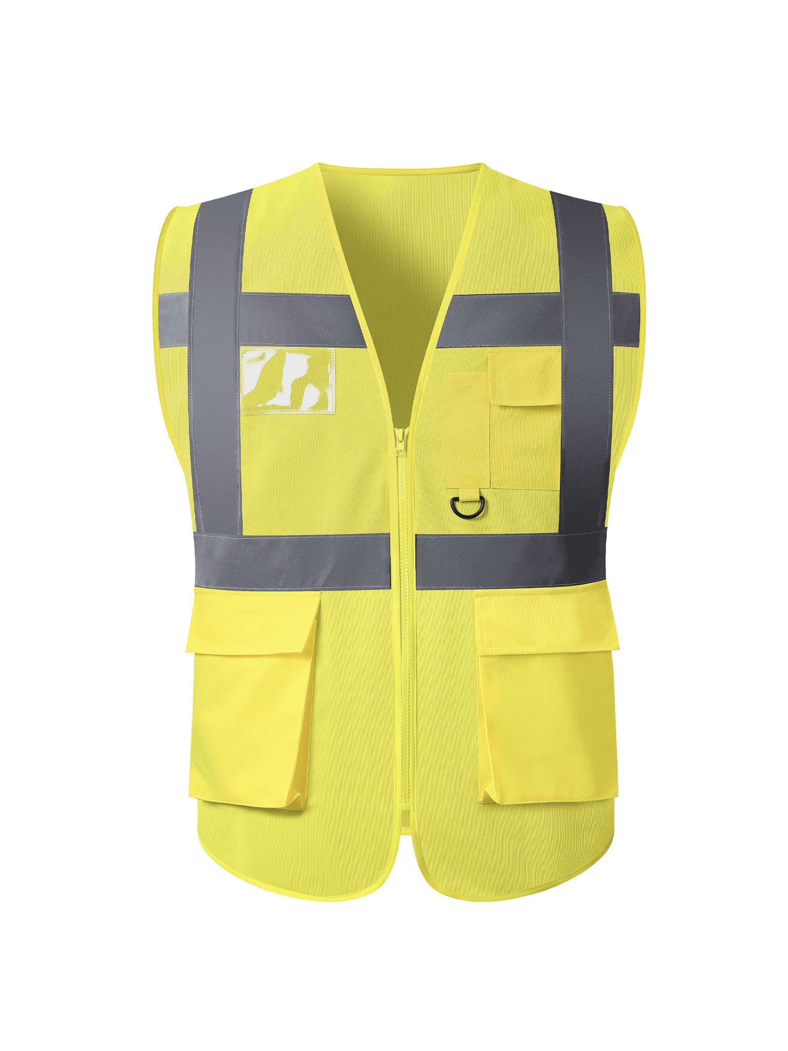 A yellow safety vest featuring reflective trim, designed for visibility and safety in various environments.