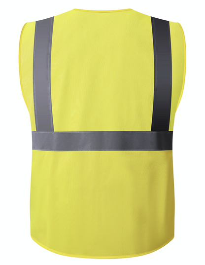 A yellow safety vest featuring reflective trim, designed for visibility and safety in various environments.