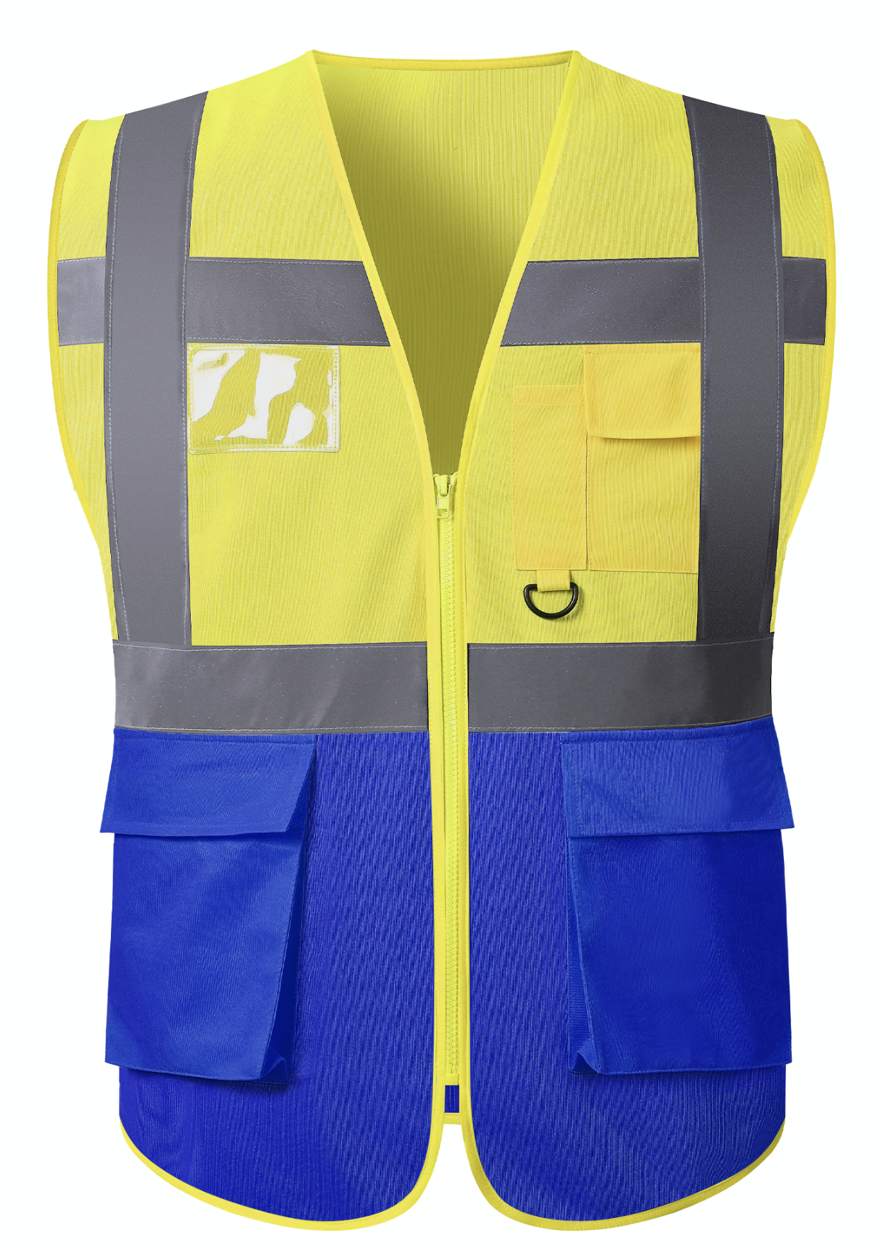 A yellow safety vest featuring reflective trim, designed for visibility and safety in various environments.