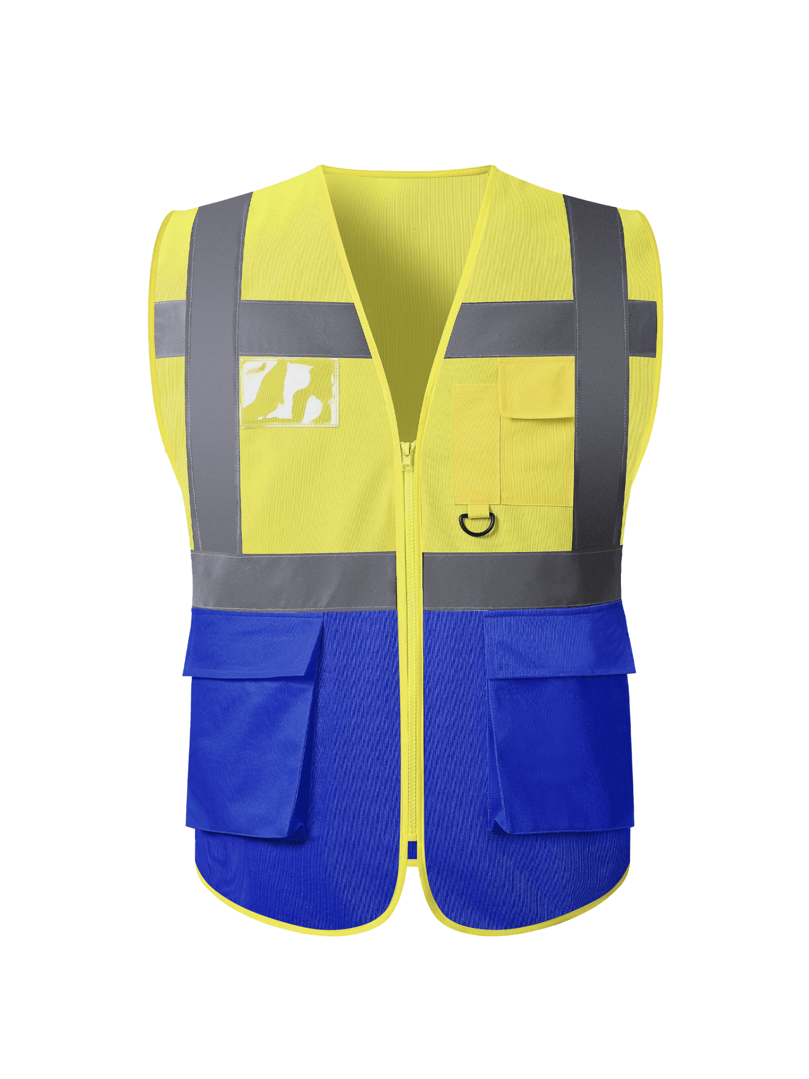 A yellow safety vest featuring reflective trim, designed for visibility and safety in various environments.