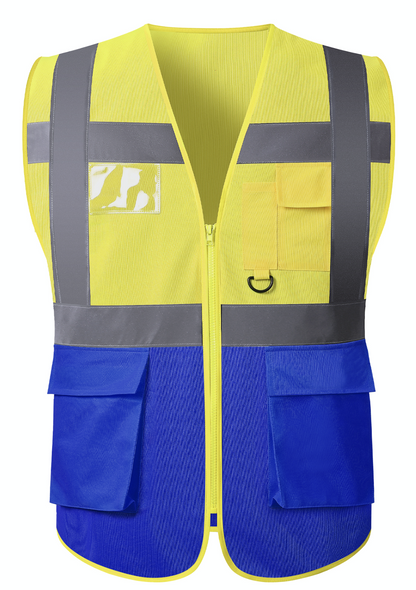 A yellow safety vest featuring reflective trim, designed for visibility and safety in various environments.