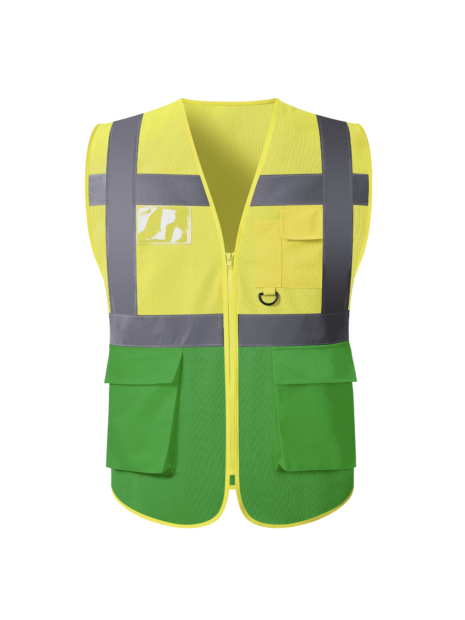 A yellow safety vest featuring reflective trim, designed for visibility and safety in various environments.