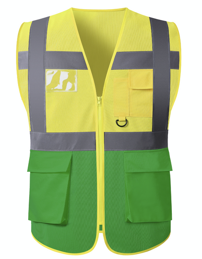 A yellow safety vest featuring reflective trim, designed for visibility and safety in various environments.