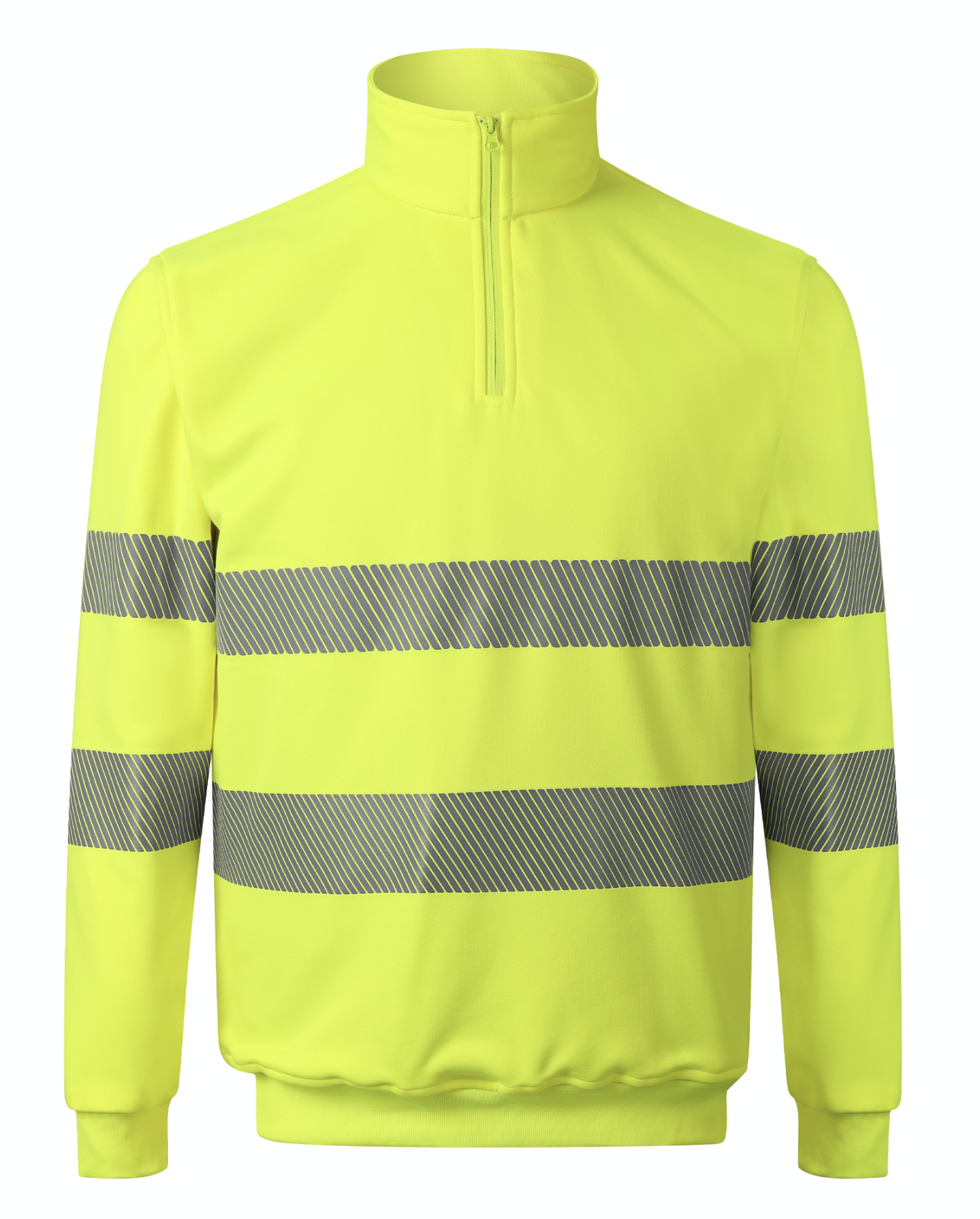 A bright yellow safety jacket equipped with reflective stripes, designed for high visibility and safety.