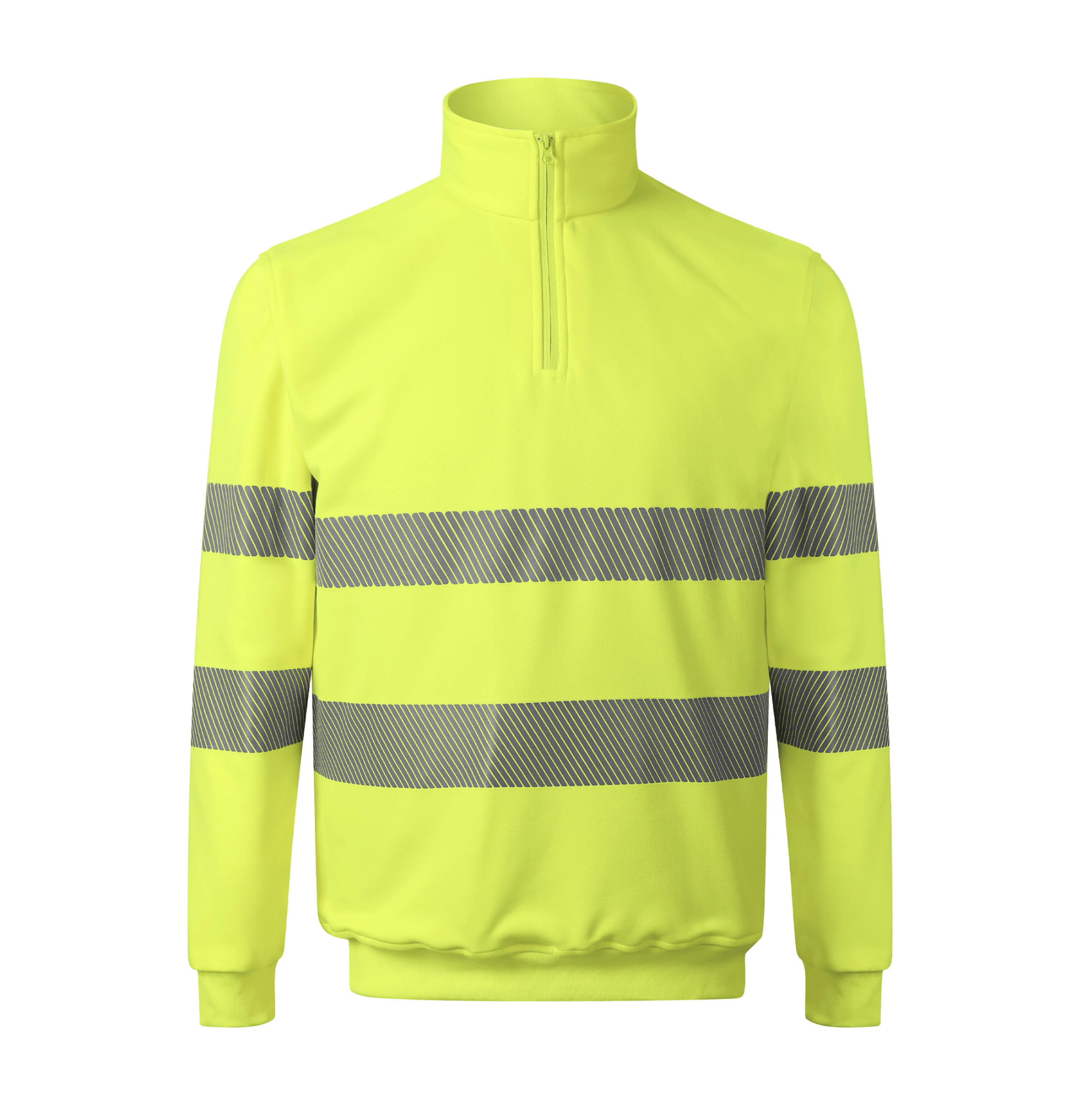 A bright yellow safety jacket equipped with reflective stripes, designed for high visibility and safety.