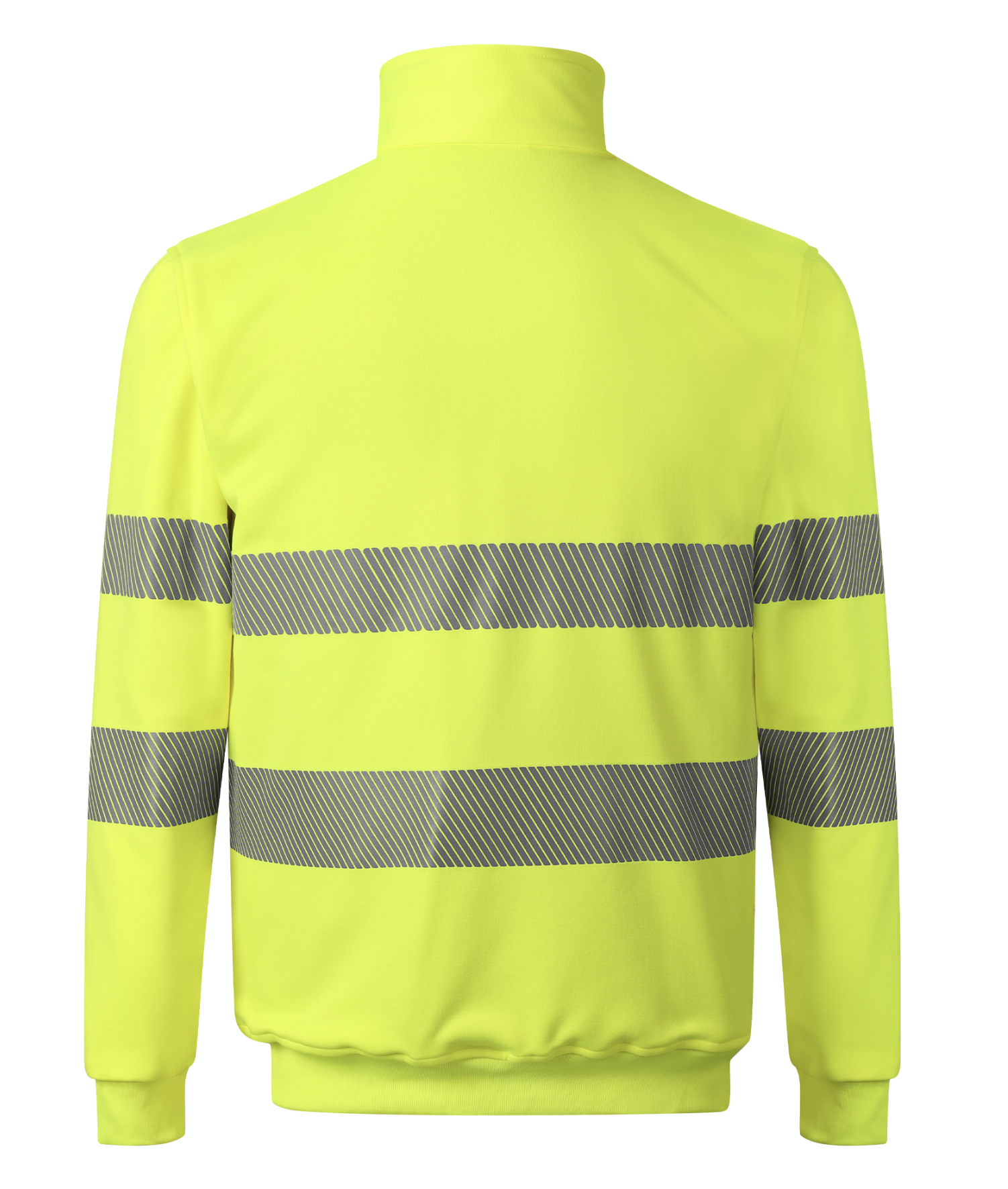 A bright yellow safety jacket equipped with reflective stripes, designed for high visibility and safety.