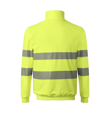 A bright yellow safety jacket equipped with reflective stripes, designed for high visibility and safety.