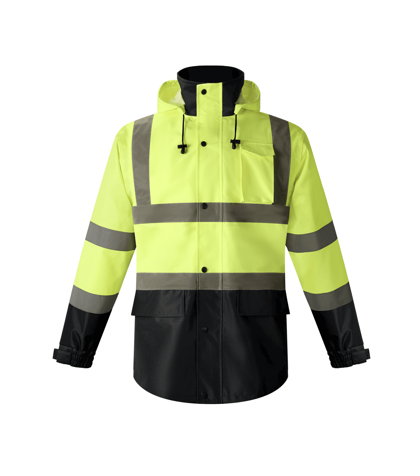 A yellow and black rain jacket featuring reflective stripes for enhanced visibility in wet conditions.