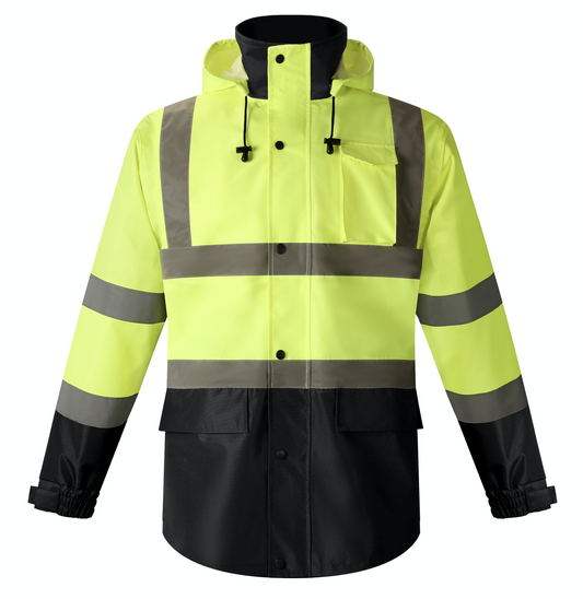 A yellow and black rain jacket featuring reflective stripes for enhanced visibility in wet conditions.