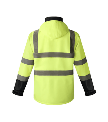 A yellow and black rain jacket featuring reflective stripes for enhanced visibility in wet conditions.