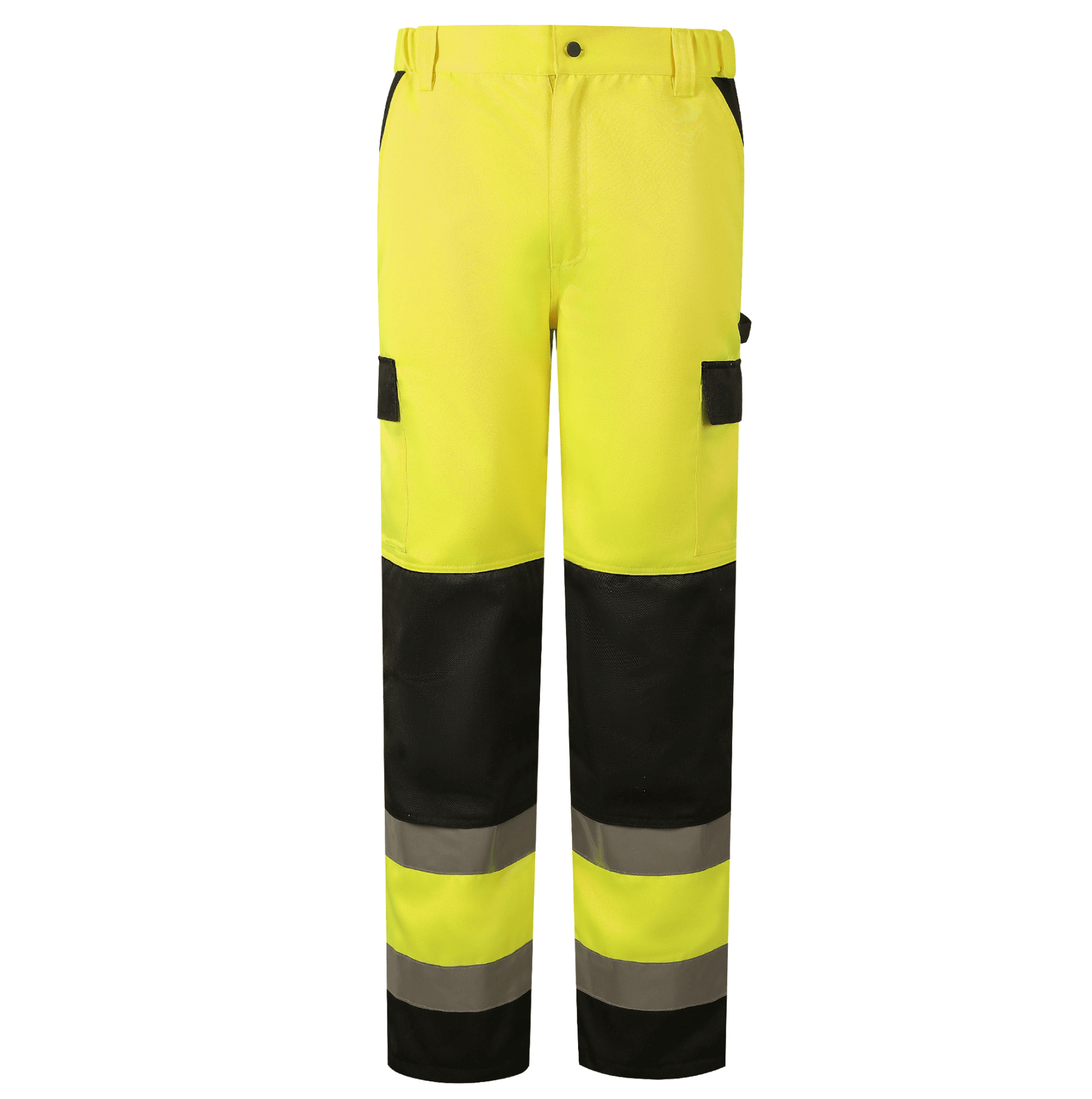 Highland WP104 hi-vis safety pants in bright yellow and black, designed for workwear comfort and visibility.