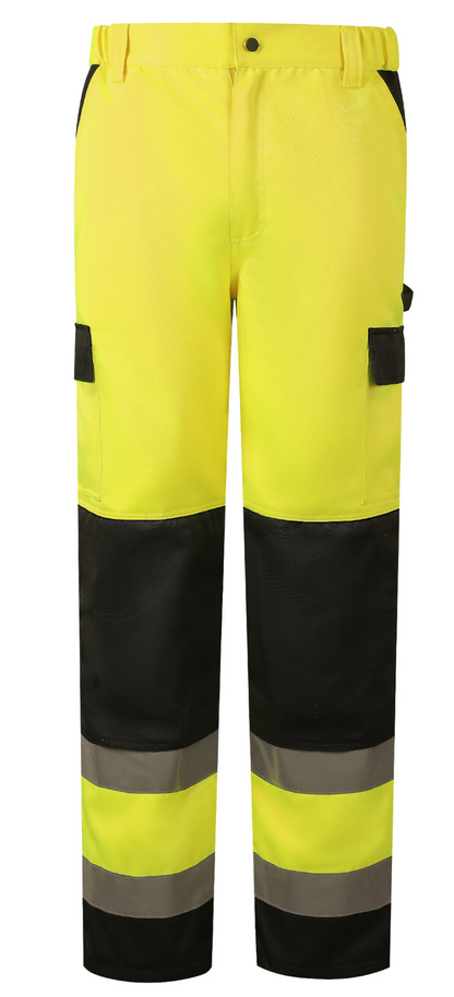 Highland WP104 hi-vis safety pants in bright yellow and black, designed for workwear comfort and visibility.