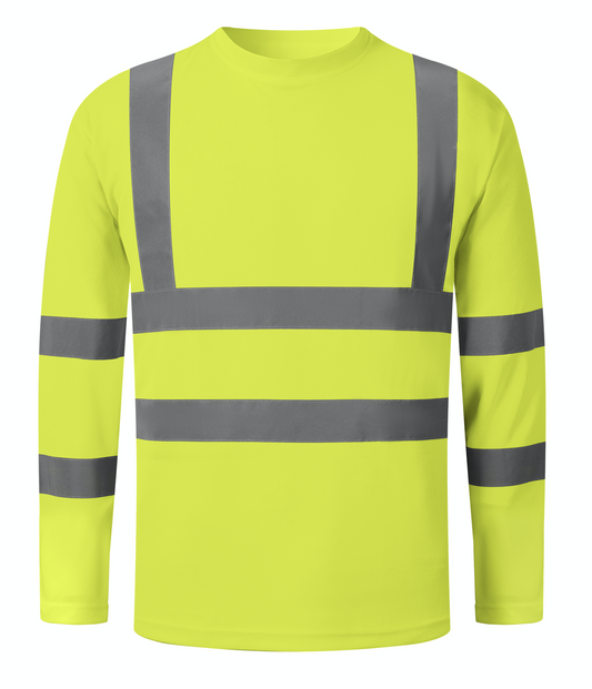 A bright yellow long sleeve safety shirt designed for high visibility and protection in various work environments.