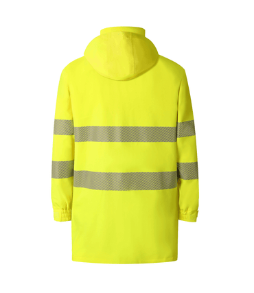 A bright yellow rain jacket featuring reflective stripes for enhanced visibility in wet conditions.