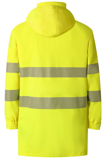 A bright yellow rain jacket featuring reflective stripes for enhanced visibility in wet conditions.