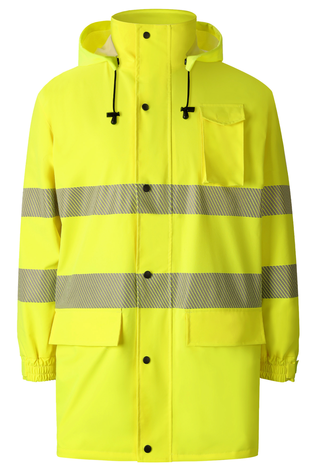 A bright yellow rain jacket featuring reflective stripes for enhanced visibility in wet conditions.