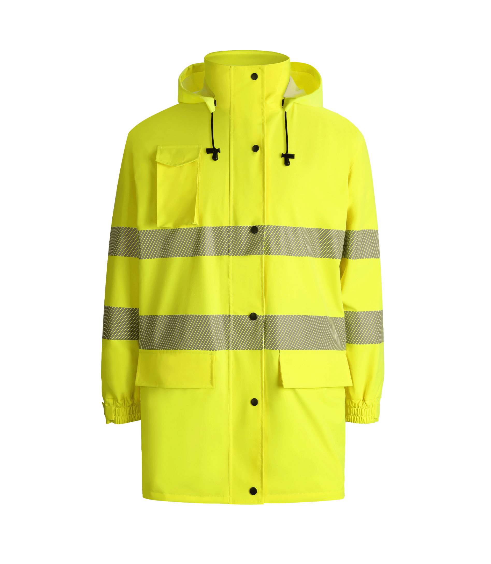 A bright yellow rain jacket featuring reflective stripes for enhanced visibility in wet conditions.