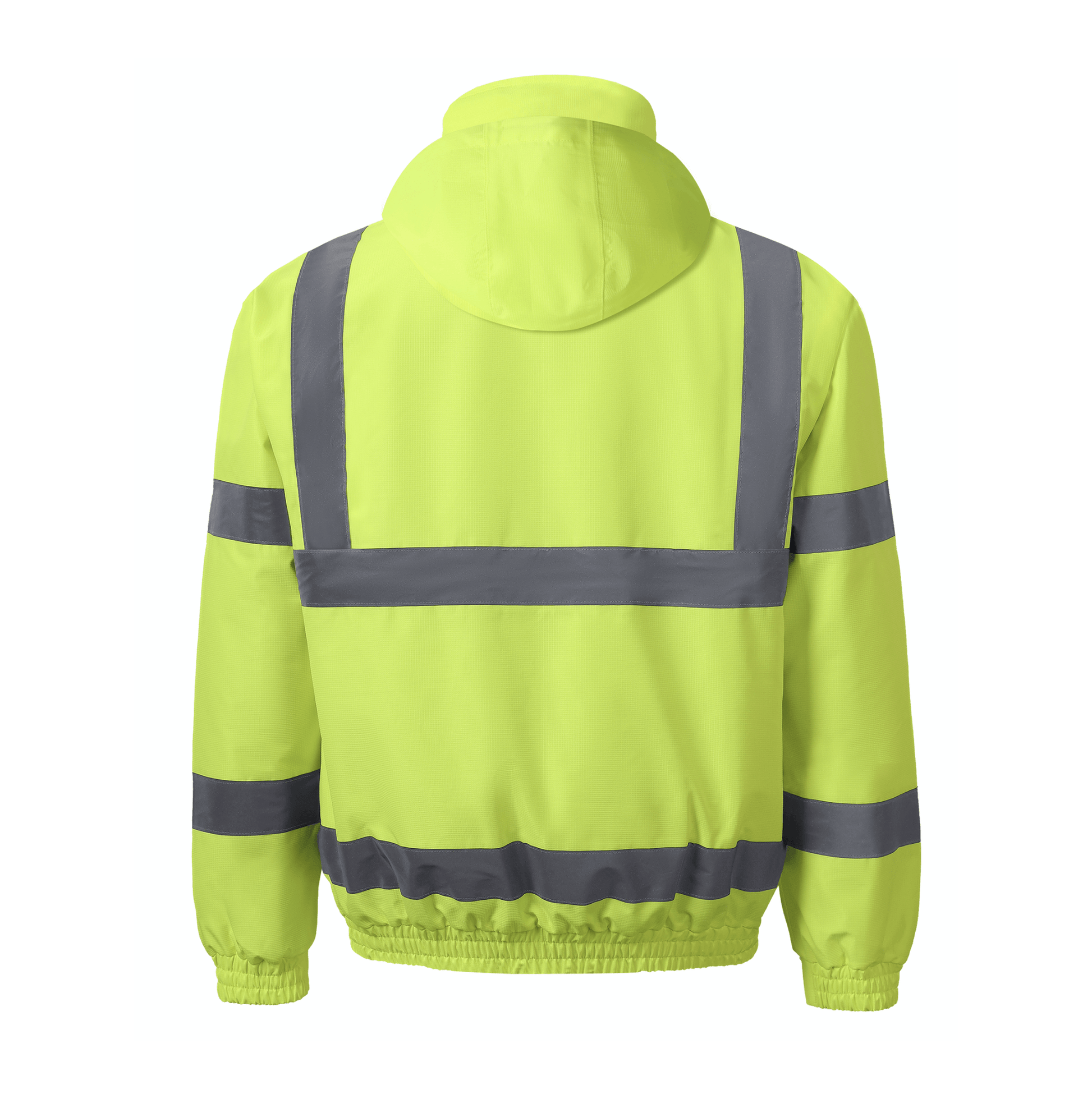 Back view of Bergen WJ301 hi-vis winter bomber jacket in bright yellow with gray reflective stripes for workwear safety.