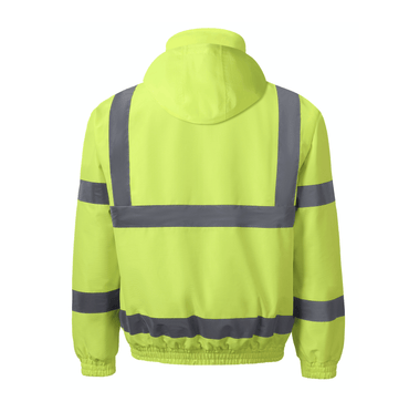 Back view of Bergen WJ301 hi-vis winter bomber jacket in bright yellow with gray reflective stripes for workwear safety.