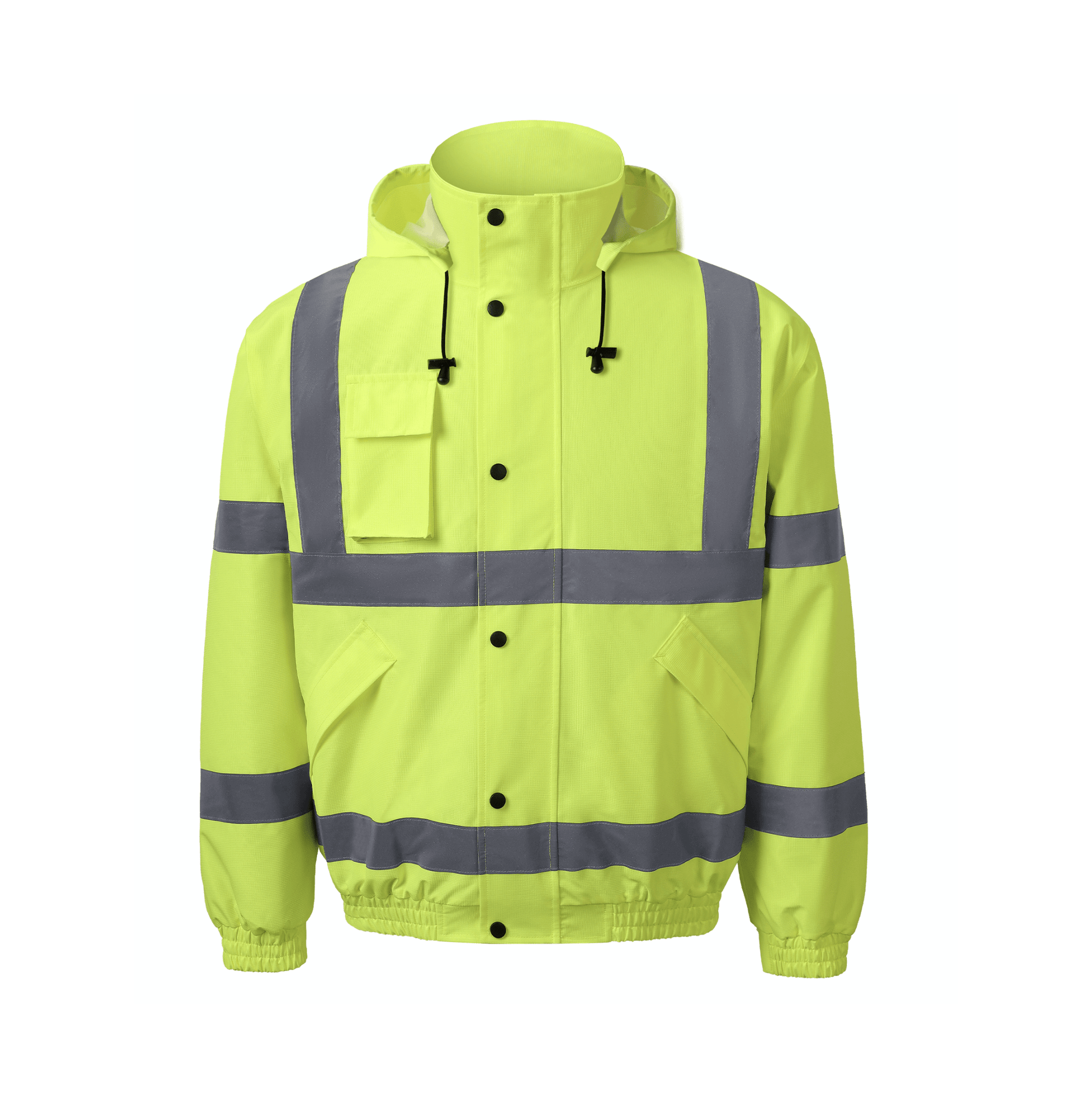 Hi-vis yellow bomber jacket with reflective stripes, designed for workwear and outdoor safety in low-light conditions.